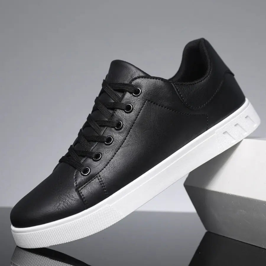 Orizelle | Men's Black Leather-Look Trainers – Casual Low-Top Lace-Up Sneakers with White Sole