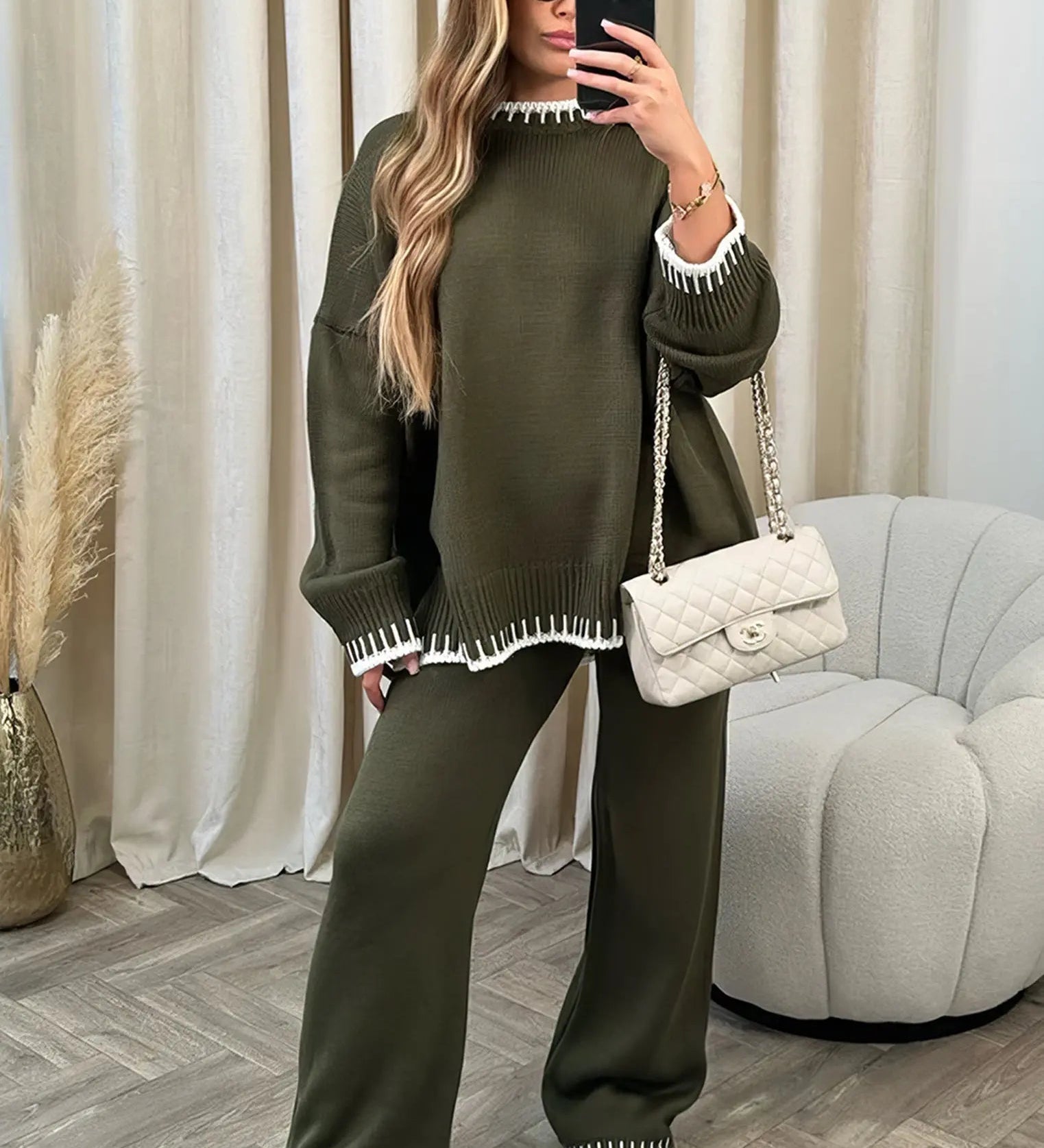 Contrast Trim Knit Two-Piece Lounge Set