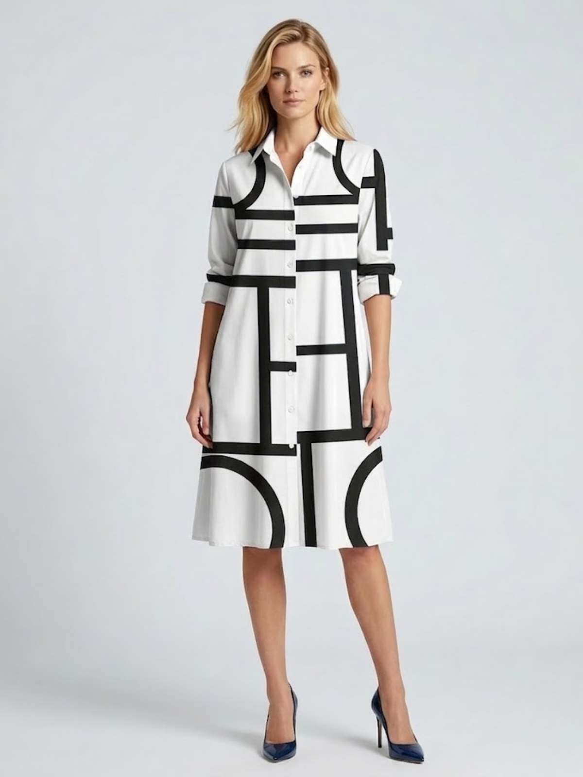 Orizelle | Geometric Print Shirt Midi Dress