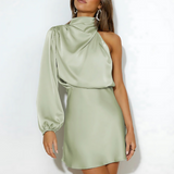 One-Shoulder Satin Mini Dress with Long Sleeve