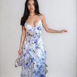 Floral Ruffle Chiffon Maxi Dress — Blue Watercolour