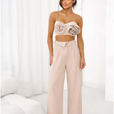 3D Floral Appliqué Crop Top with Spaghetti Straps in Beige