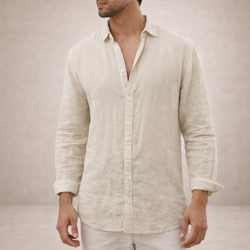 Orizelle | Men's Linen Shirt Long Sleeve Regular Fit - Open Collar Lightweight Casual Summer