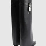 Sculptural Black Wedge Knee-High Boots in Glossy Finish