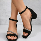 Diamanté Strap Block Heel Sandals — Black Suede