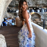 Floral Ruffle Chiffon Maxi Dress — Blue Watercolour