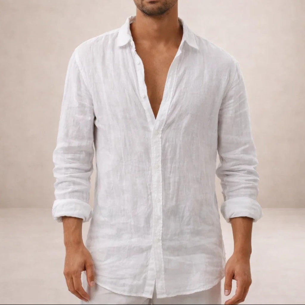 Orizelle | Men's Linen Shirt Long Sleeve Regular Fit - Open Collar Lightweight Casual Summer