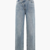 Asymmetric High-Waisted Straight-Leg Jeans in Light Wash Denim