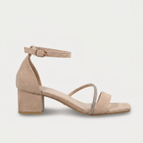 Diamanté Strap Block Heel Sandals — Black Suede