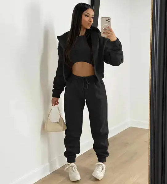 Three-Piece Loungewear Set with Cropped Hoodie, Bralette and Joggers