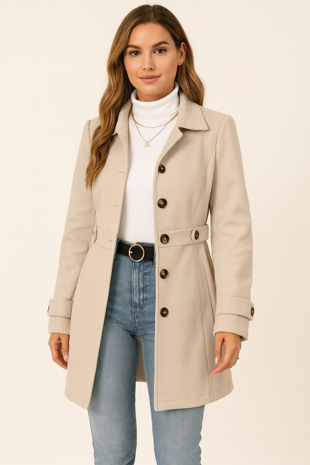 Women's Trench Coat - Single-Breasted Mid-Length Belted Lightweight Overcoat