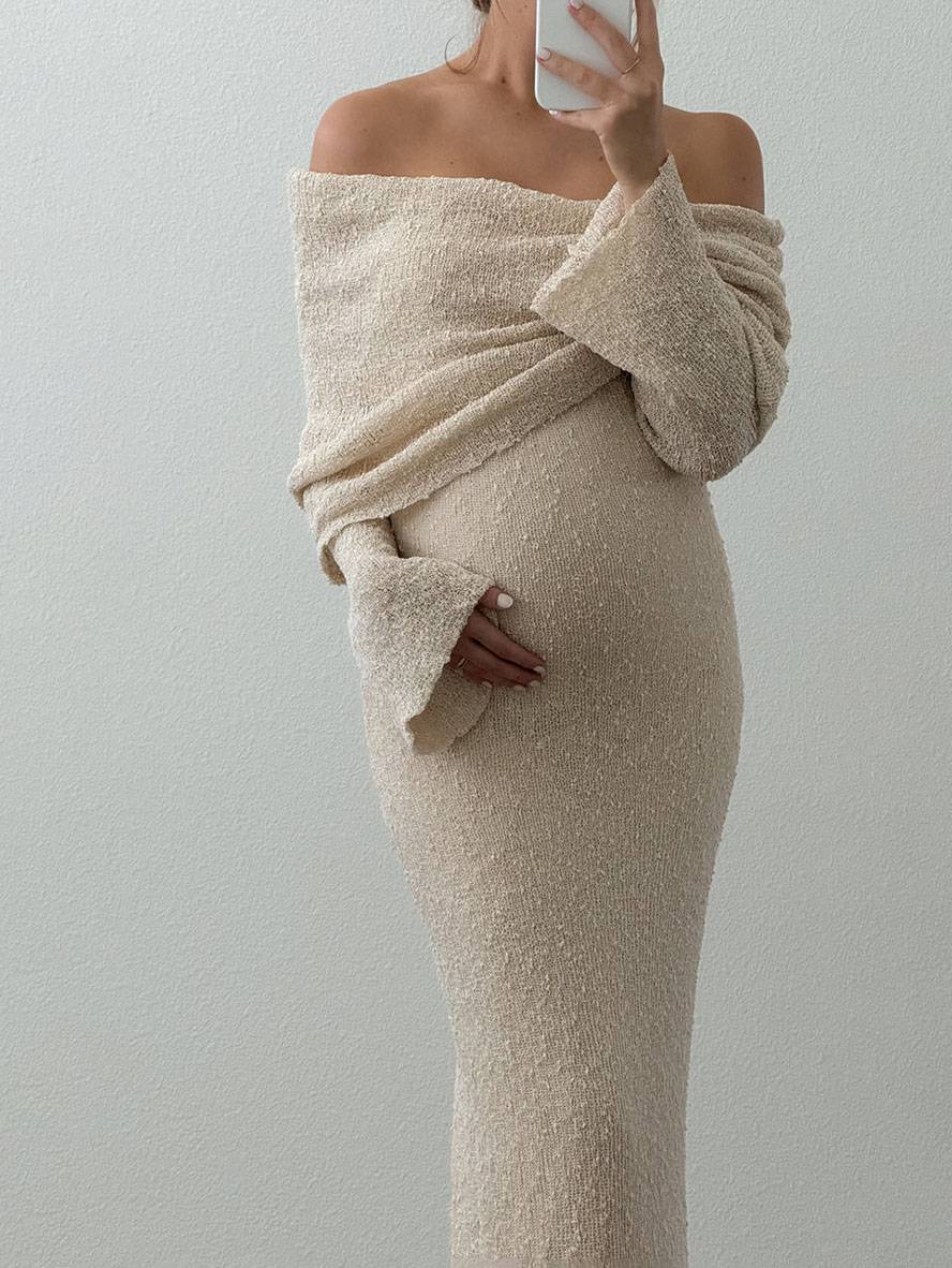 Women's Maternity Maxi Off-Shoulder Knit Long Sleeve Dress