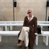Classic Long Trench Coat with Waist Belt and Double-Breasted Design