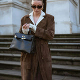 Classic Long Trench Coat with Waist Belt and Double-Breasted Design