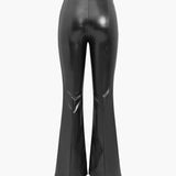 High-Waisted Faux Leather Flared Trousers with Front Slits