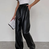 High-Waisted Faux Leather Wide-Leg Trousers – Black | Women's Vegan Leather Pants