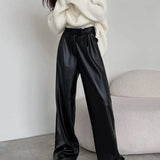 High-Waisted Faux Leather Wide-Leg Trousers – Black | Women's Vegan Leather Pants