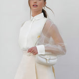 Sheer Sleeve Button-Up Shirt with Structured Mini Skirt