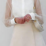 Sheer Sleeve Button-Up Shirt with Structured Mini Skirt