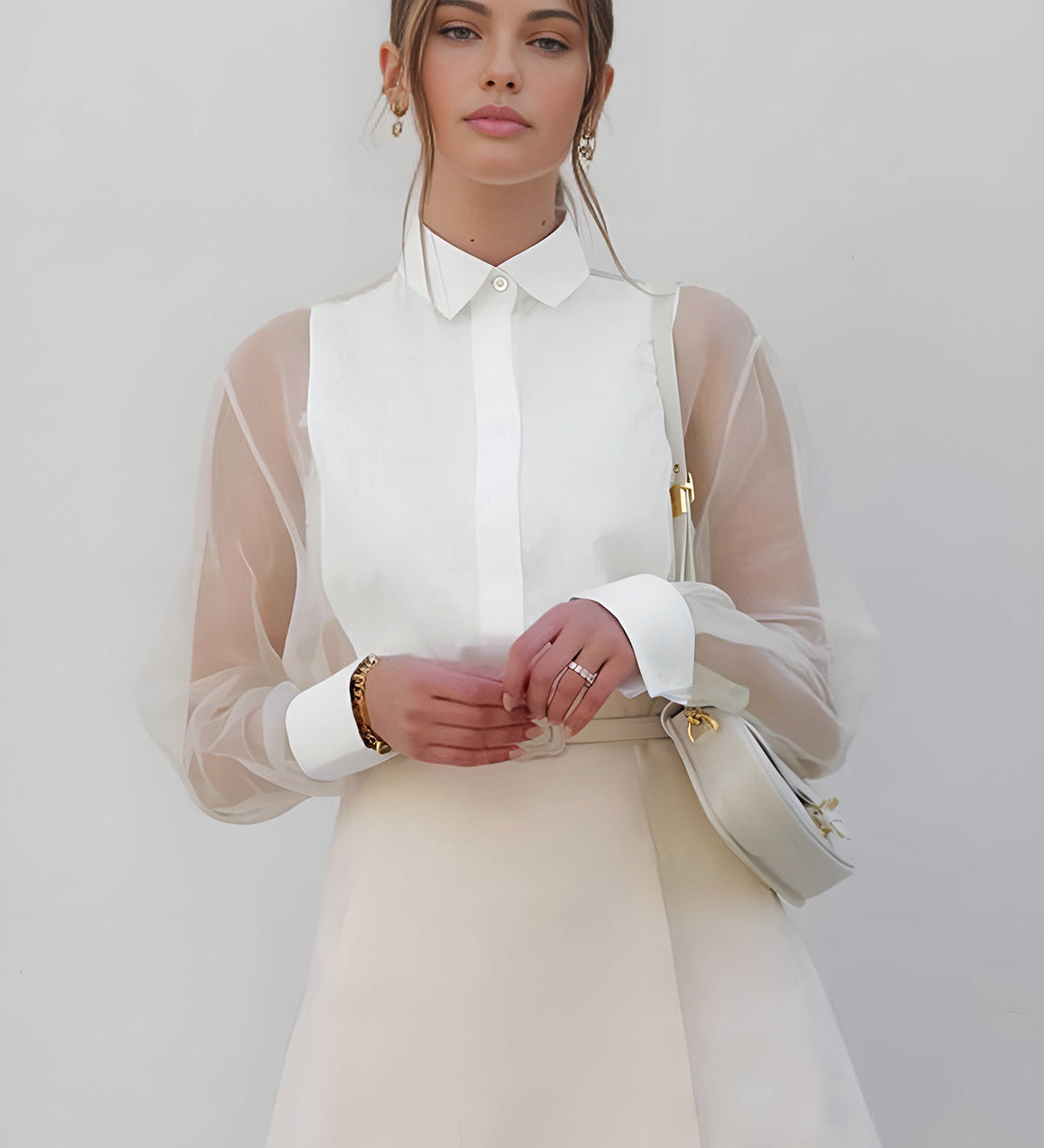 Sheer Sleeve Button-Up Shirt with Structured Mini Skirt