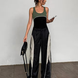 Women's Parachute Trousers – Black and Grey Colourblock Wide-Leg Streetwear Pants