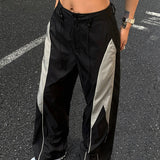Women's Parachute Trousers – Black and Grey Colourblock Wide-Leg Streetwear Pants