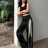 Women's Parachute Trousers – Black and Grey Colourblock Wide-Leg Streetwear Pants