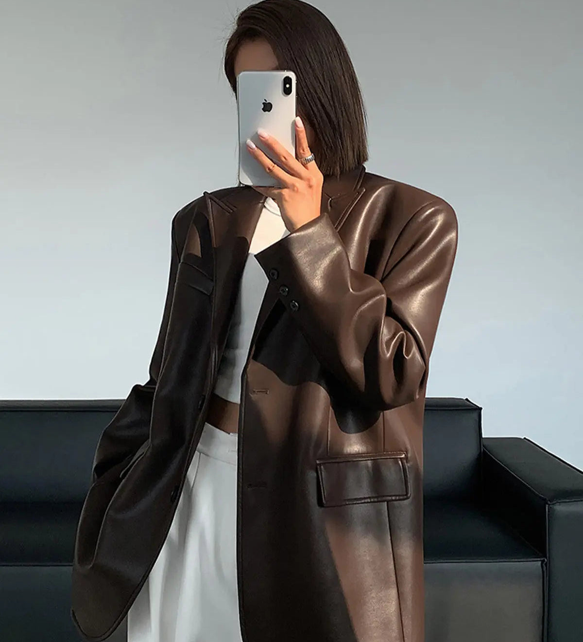 Oversized Faux Leather Blazer with Sharp Tailoring and Street-Chic Edge