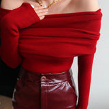 Elegant Off-Shoulder Knit Top – Sophisticated Fold-Over Sweater