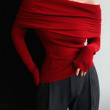 Elegant Off-Shoulder Knit Top – Sophisticated Fold-Over Sweater