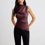 Sleeveless Faux Leather Drape Top with High Neck