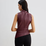 Sleeveless Faux Leather Drape Top with High Neck