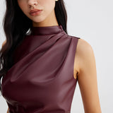 Sleeveless Faux Leather Drape Top with High Neck