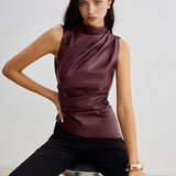 Sleeveless Faux Leather Drape Top with High Neck