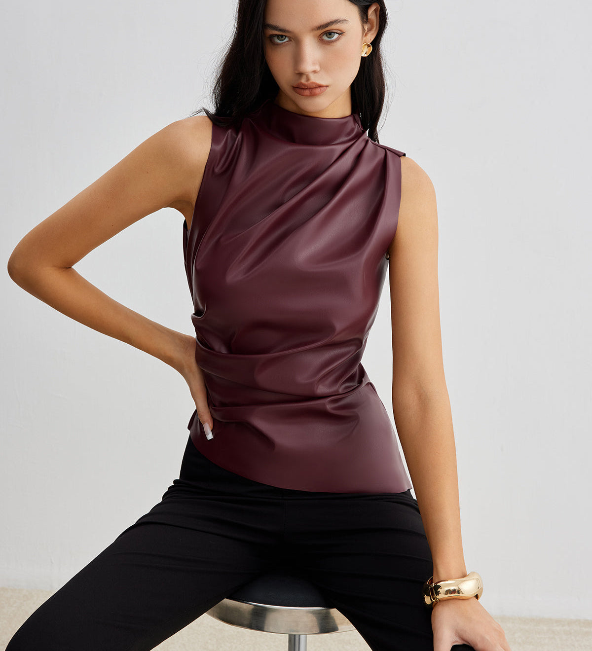 Sleeveless Faux Leather Drape Top with High Neck
