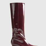 Burgundy Patent Knee-High Boots with Pointed Toe and Kitten Heel