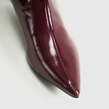 Burgundy Patent Knee-High Boots with Pointed Toe and Kitten Heel