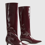 Burgundy Patent Knee-High Boots with Pointed Toe and Kitten Heel