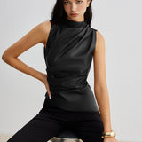 Sleeveless Faux Leather Drape Top with High Neck
