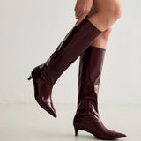Burgundy Patent Knee-High Boots with Pointed Toe and Kitten Heel