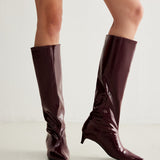 Burgundy Patent Knee-High Boots with Pointed Toe and Kitten Heel