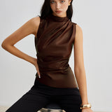 Sleeveless Faux Leather Drape Top with High Neck