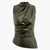 Sleeveless Faux Leather Drape Top with High Neck
