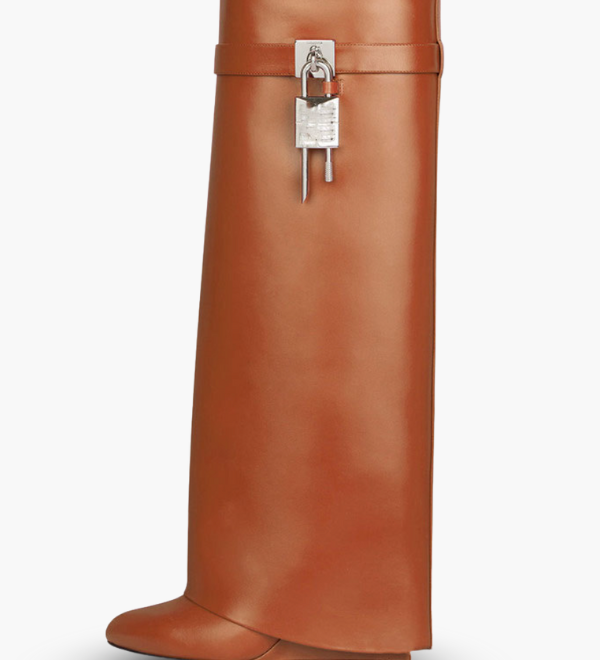 Sculptural Black Wedge Knee-High Boots in Glossy Finish