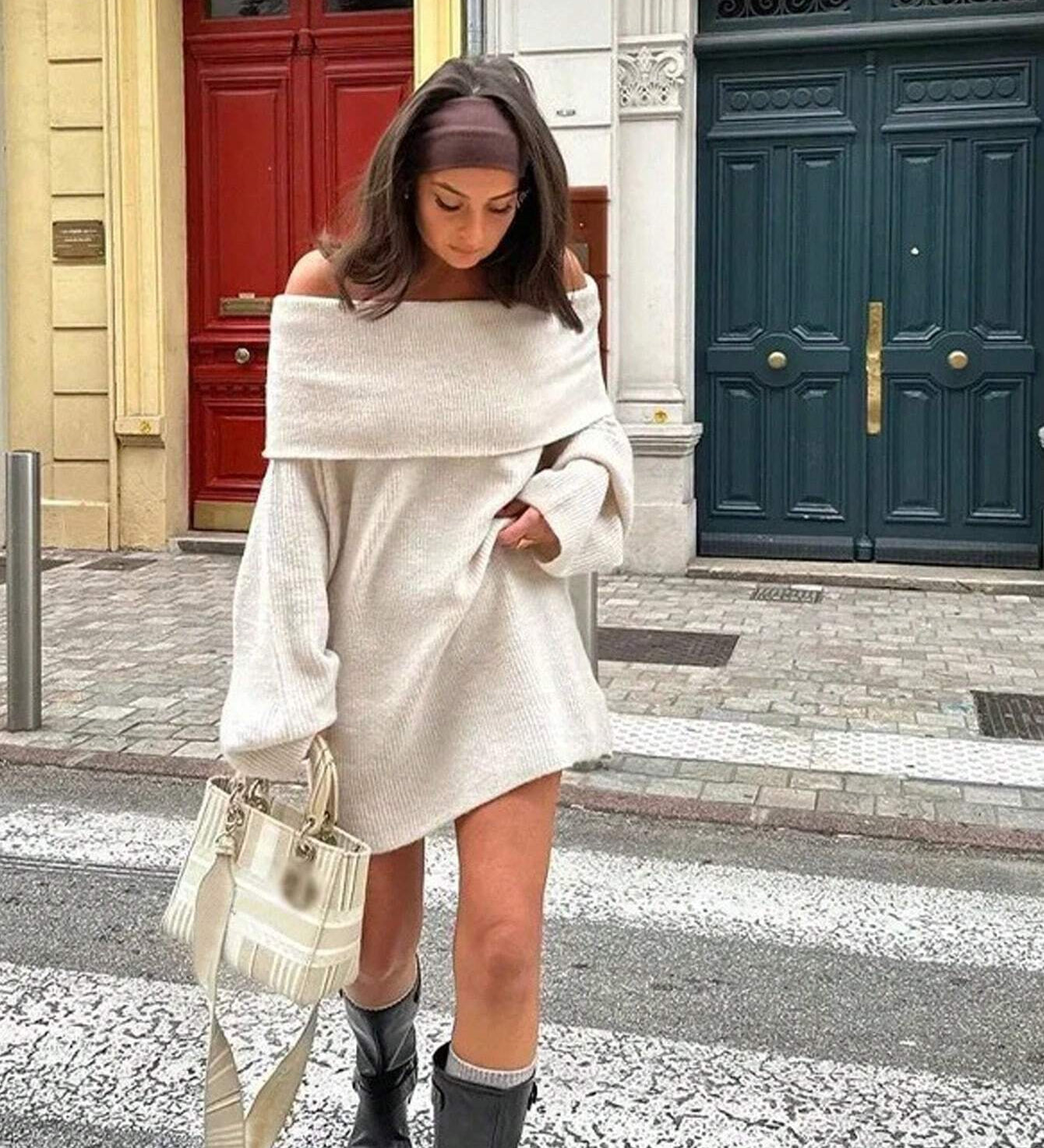 Off-Shoulder Ribbed Knit Top for Women – Elegant Fold-Over Neckline