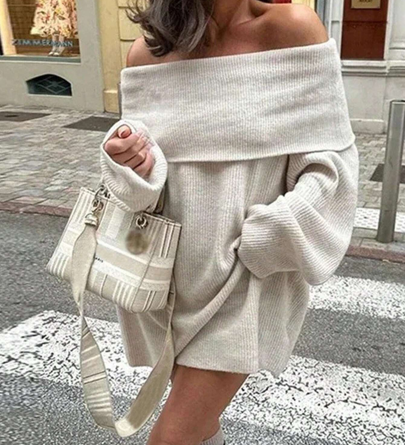 Off-Shoulder Ribbed Knit Top for Women – Elegant Fold-Over Neckline