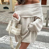 Off-Shoulder Ribbed Knit Top for Women – Elegant Fold-Over Neckline