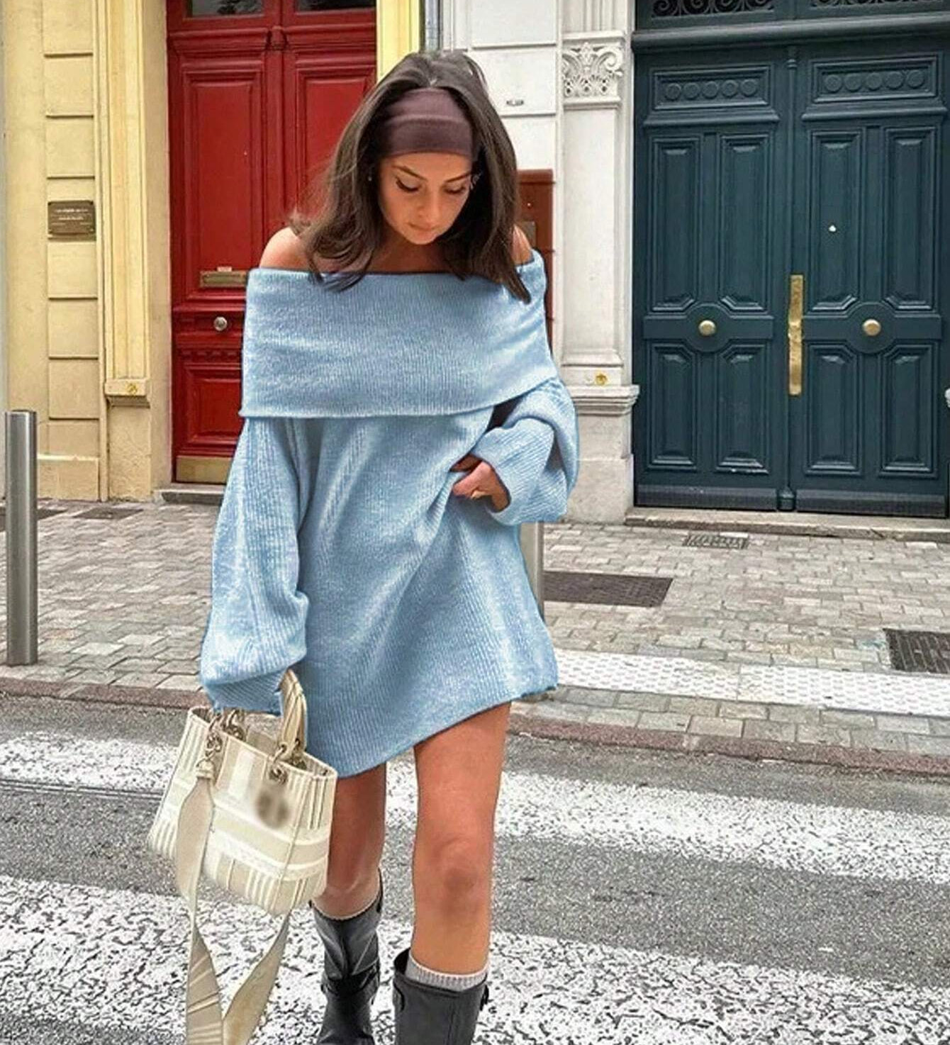 Off-Shoulder Ribbed Knit Top for Women – Elegant Fold-Over Neckline