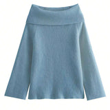 Off-Shoulder Ribbed Knit Top for Women – Elegant Fold-Over Neckline