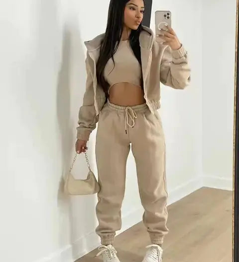 Three-Piece Loungewear Set with Cropped Hoodie, Bralette and Joggers